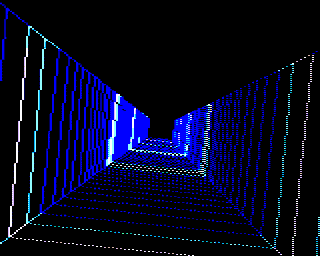 A 3D wireframe tunnel rendered by a BBC Micro emulator